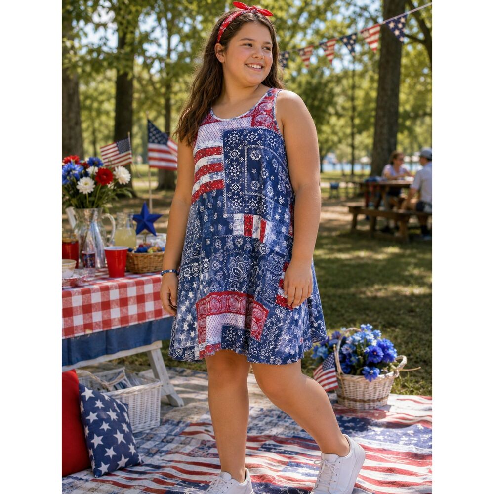 Polo Ralph Lauren Americana Flag Patchwork Swing Dress Girls L Red White Blue